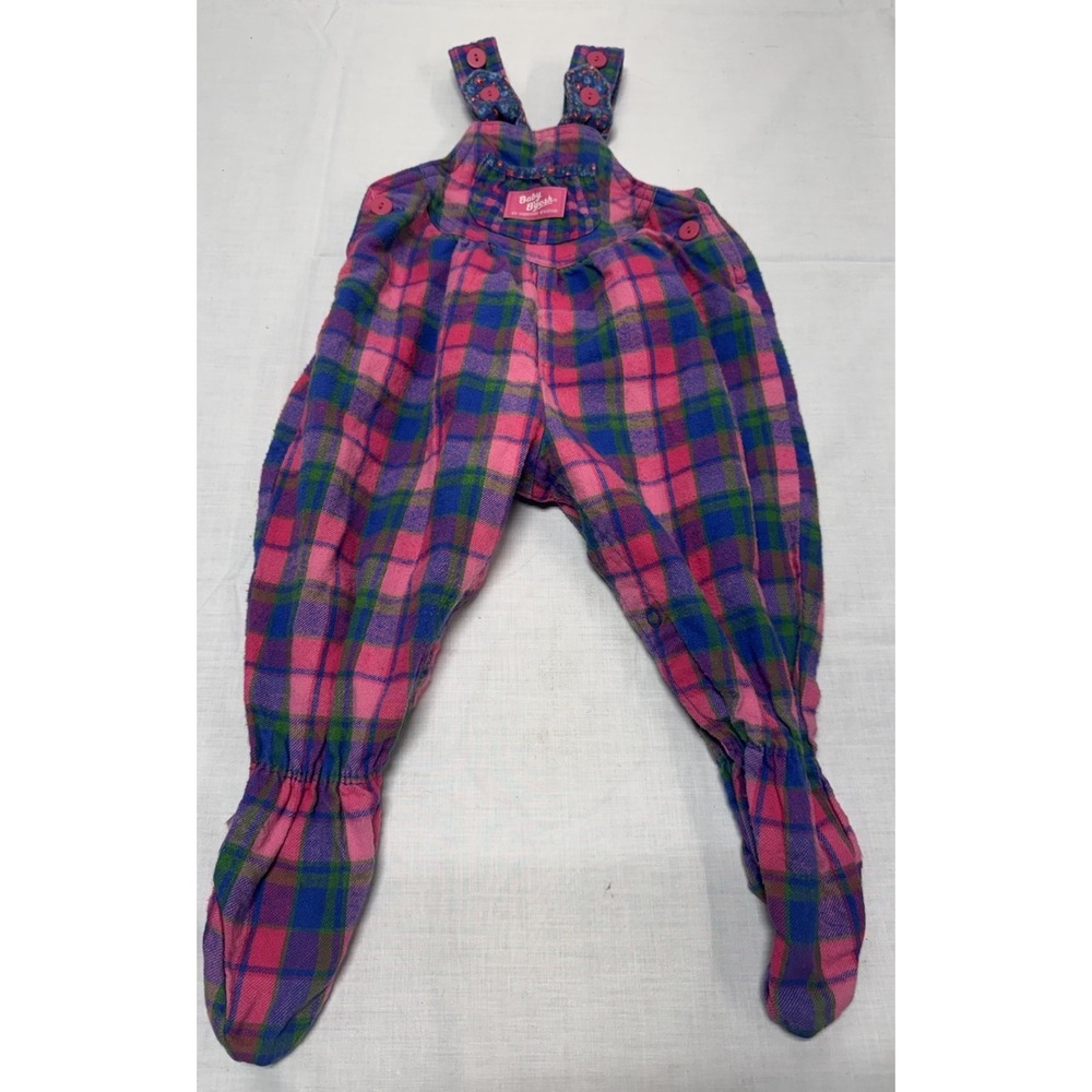 OshKosh Bgosh Vintage Pink Plaid Floral Strap Vestbak Footed Overalls 6/9 Months